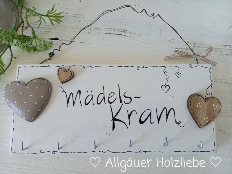 Schmuckhalter * Hakenleiste * Shabby * Beige-Taupe * 13,5 x 32 cm * Herz * Mädels-Kram
